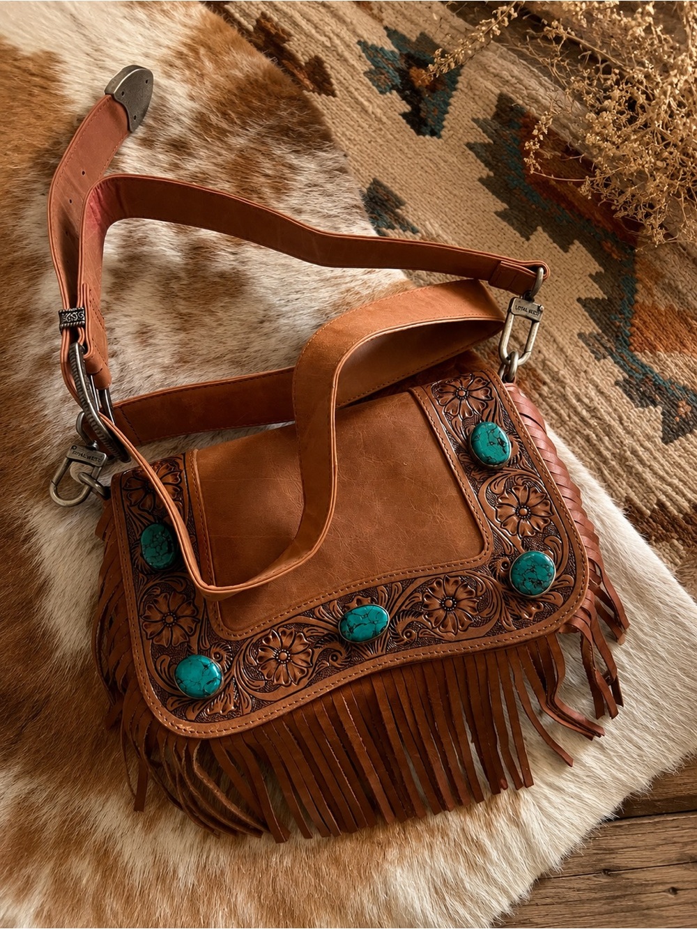 Loyal West - Boho Fringe Crossbody Bag with Turquoise Accents - - Picture 2 of 5
